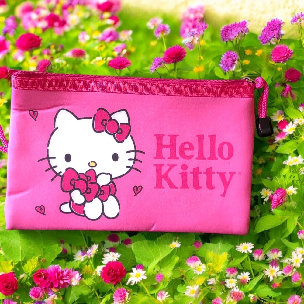 2024 Sanrio Hello Kitty White Pencil Pouch Case Zipper Lined Rainbows Hearts